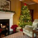Christmas tree next to a chair and fireplace